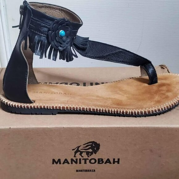 Manitobah Mukluks Shoes - Manitobah Moccasin Co. Leather Sandals, Black w/ Turquoise size 10